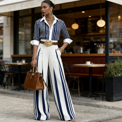 🥳SUMMER HOT SALE🥳💞50K+ SOLD!💥Free Shipping 🔥 Women's Striped Shirt & Wide-Leg Pants 2-Piece Set
