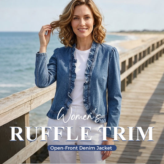 🧥 50% OFF NOW! 🌸 Women's Ruffle Trim Open-Front Denim Jacket – Lightweight & Feminine – Versatile & Chic 👗