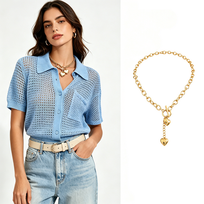 🌸 50% OFF NOW! 🌸Women Short Sleeve Knit Button Shirt Free Gift Necklace