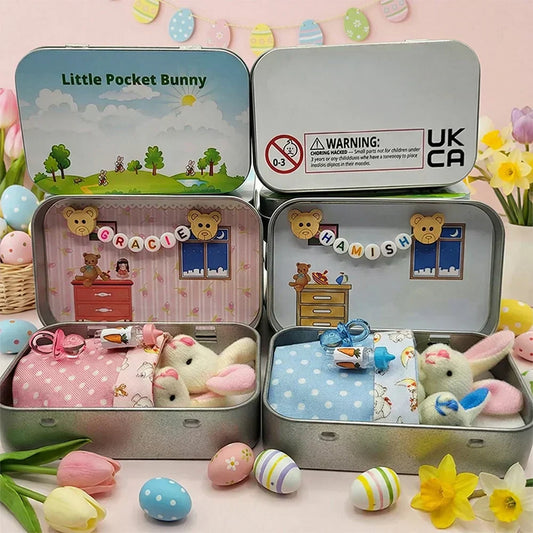 💎 49% OFF! 💎 Bunny Mummy & Baby Plush Pocket Tin – Handmade Easter Collectible with Cozy Blanket (Pink/Blue Ears) 🐇🎁