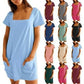 💕Summer Hot Sale 60% OFF 💃Women's Casual Square Neck Pocket Short Sleeve Dress with Pockets