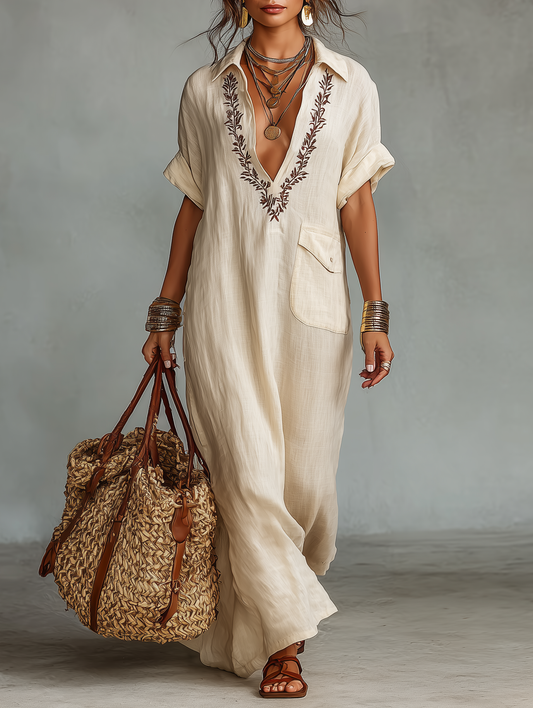 🔥Women's Minimalist Linen Blend Embroidered Short-sleeved Shirt Maxi Dress