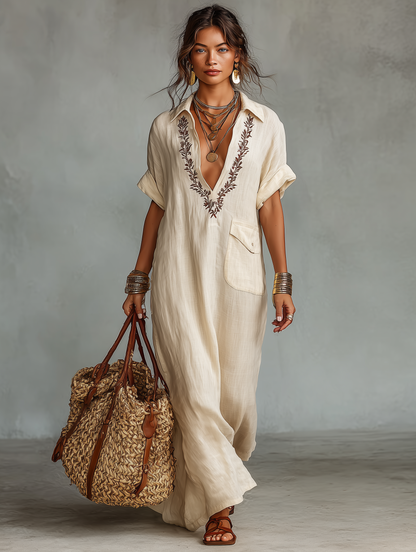 🔥Women's Minimalist Linen Blend Embroidered Short-sleeved Shirt Maxi Dress