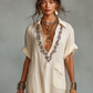 🔥Women's Minimalist Linen Blend Embroidered Short-sleeved Shirt Maxi Dress