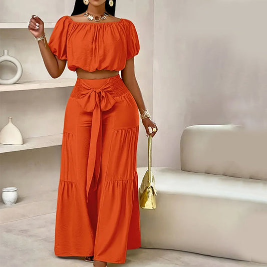 ✈Free Shipping👚50% OFF NOW!🌸Off-Shoulder Puff Sleeve Top & Wide-Leg Pants 2-Piece Set – Elegant, Comfortable & Perfect for Summer Days ☀️