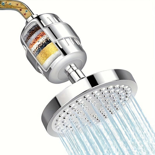 A 20-stage filtration system removes chlorine and harmful substances, providing softened water for bathroom shower heads.