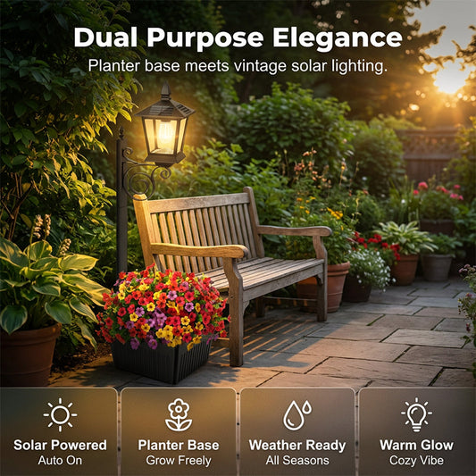 🔥50% OFF & Free Shipping🔥 Outdoor Solar Garden Light with Planter Base – Vintage Warm Glow, All-Weather Iron Design & Dual Function 🌸🌙