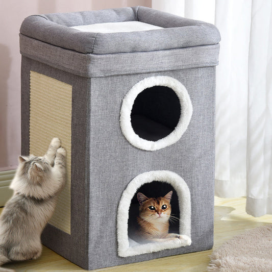 Foldable Multi-Level Cat Condo with Scratching Pad