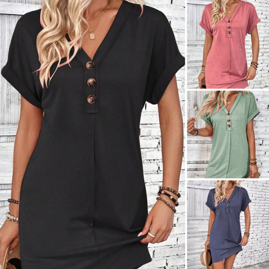 👗📢📢50% OFF !!  ⚡Buy 2 get 5%+ Free Shipping✈️ ⏰Women's Fashion V-Neck Button Dress – Timeless Solid Colors, Soft Fabric & Rolled Sleeves 🌸