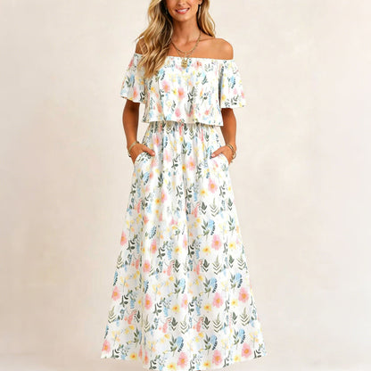 👗 60% OFF NOW! 🌸 Printed Off-Shoulder Short Sleeve Maxi Dress – Floral Print, Ruffled Bodice & Hidden Pockets ✨