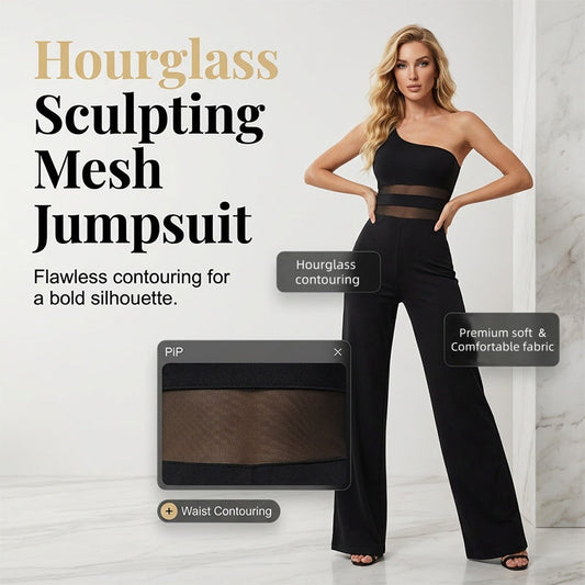 👯 LIMITED TIME 64% OFF! ✨ One-Shoulder Mesh Panel Wide-Leg Jumpsuit – Sculpting, Elegant, Alluring 💃