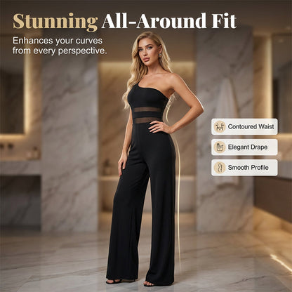 👯 LIMITED TIME 64% OFF! ✨ One-Shoulder Mesh Panel Wide-Leg Jumpsuit – Sculpting, Elegant, Alluring 💃