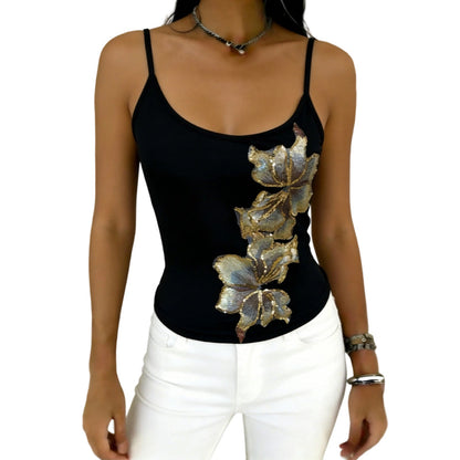 👚 50% OFF NOW! ✨ Slim Fit Spaghetti Strap Tank with Sequin Flower – Glamorous Detail, Soft Stretch & Perfect for Parties or Layering 💃