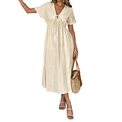 📢📢50% OFF !! ⏰Women's Summer V-Neck Tie-Front Midi Dress