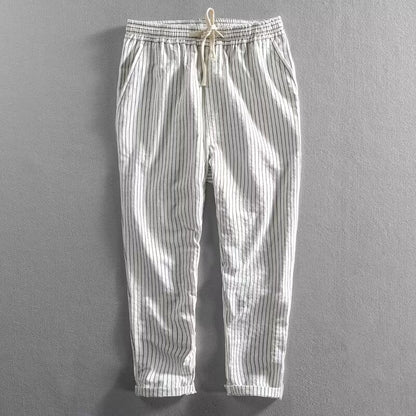 👖 50% OFF NOW! 🌿 Men's Linen Trousers– Striped & Cropped – Elastic Waist & Drawstring – Breathable Summer Trousers 🏖️