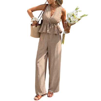👕 LIMITED-TIME 50% OFF! ✨Women's Striped V-Neck Top & Wide-Leg Trousers Set