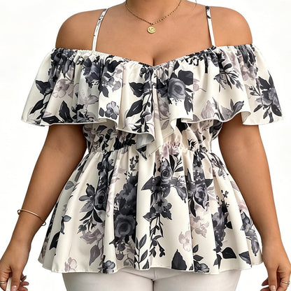 🌸Women's Plus Size Printed Off-Shoulder Ruffle Cami Top✨
