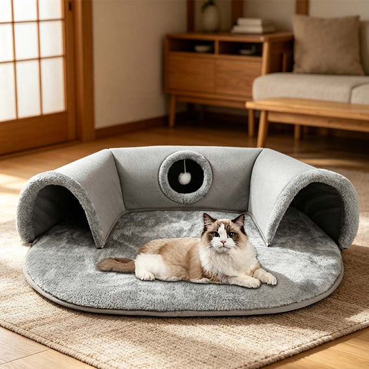 🐱 40% OFF NOW! 🛏️ Plush 2-in-1 Cat Tunnel Bed – Collapsible, scratch-resistant & cozy – combines hideaway tunnel with soft sleeping pad – perfect for play, rest & pouncing 🐾