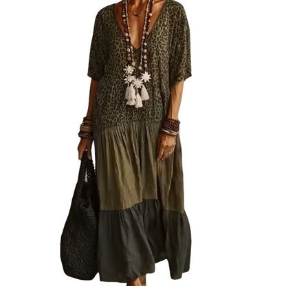 🔥👚 50% OFF!Women's Elegant Bohemian Maxi Dress | Modest V-Neck Tiered Skirt Lightweight Holiday Tunic for Mature Ladies