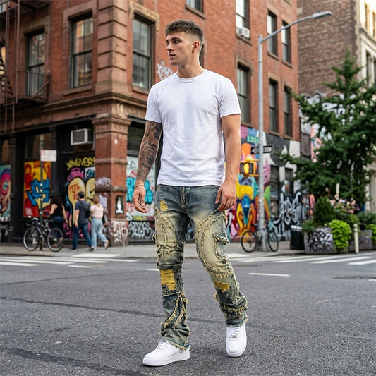 LIMITED-TIME 50% OFF! ✨Men's Classic Stretch Flare Jeans | Premium Vintage Wash Denim with Unique Patchwork Detail for Smart Casual Wear