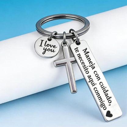 ⏳Time-Limited Special buy 1 get 1 free！⏰Stainless Steel Cross Keychain – ‘Drive Safe’ Blessing❤️🙏