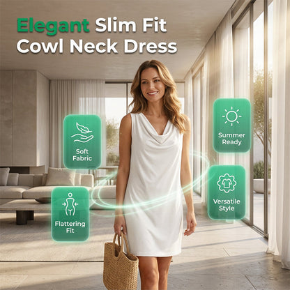 👗 LIMITED-TIME 50% OFF! 💥 Elegant Slim Fit Cowl Neck Dress – Sleeveless, Side Pockets, Versatile ✨