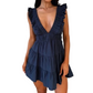 🌸Women Summer V Neck Sleeveless Ruffle Mini Dress Solid Color Tiered Vest Dress