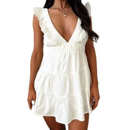 🌸Women Summer V Neck Sleeveless Ruffle Mini Dress Solid Color Tiered Vest Dress
