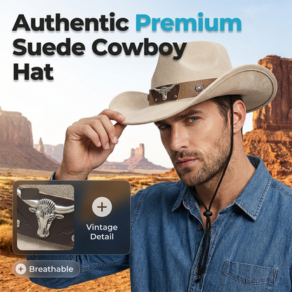 📢📢50% OFF !! ⏰Unisex Suede Cowboy Hat with Vintage Bull Band and Wind Rope