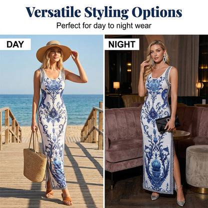 👗 40% OFF! ✨ Women's Classic Floral Print Maxi Dress – Bodycon, Side Slit, Porcelain Pattern 💙