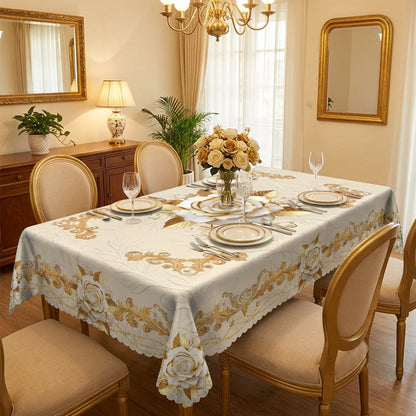 🌹✨  Waterproof Gold Rose Tablecloth – Elegant Embossed Effect, Stain-Resistant Finish & Easy-Clean Design 🏡