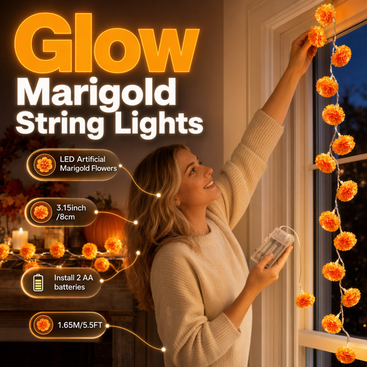 🌼LAST DAY SPECIAL £12.99! 🎃Artificial Marigold Flower LED String Lights – Waterproof 8 Lighting Modes, 20 LEDs Battery Powered, Decor for Halloween, Day Of The Dead Altar, Porch & Indoor Festival Decor