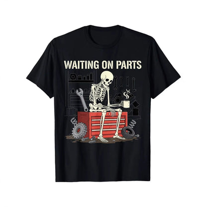 📢📢50% OFF !! ⏰Waiting On Parts Funny Skeleton Auto Mechanic Technician T-Shirt