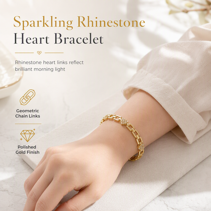 📢📢50% OFF !! ⏰ Gold Rhinestone Heart & Square Hollow Chain Bracelet – Hand-Set Rhinestone Hearts, Polished Gold Clasp & Lightweight Geometric Links – Parisian Elegance for Every Outfit 💛
